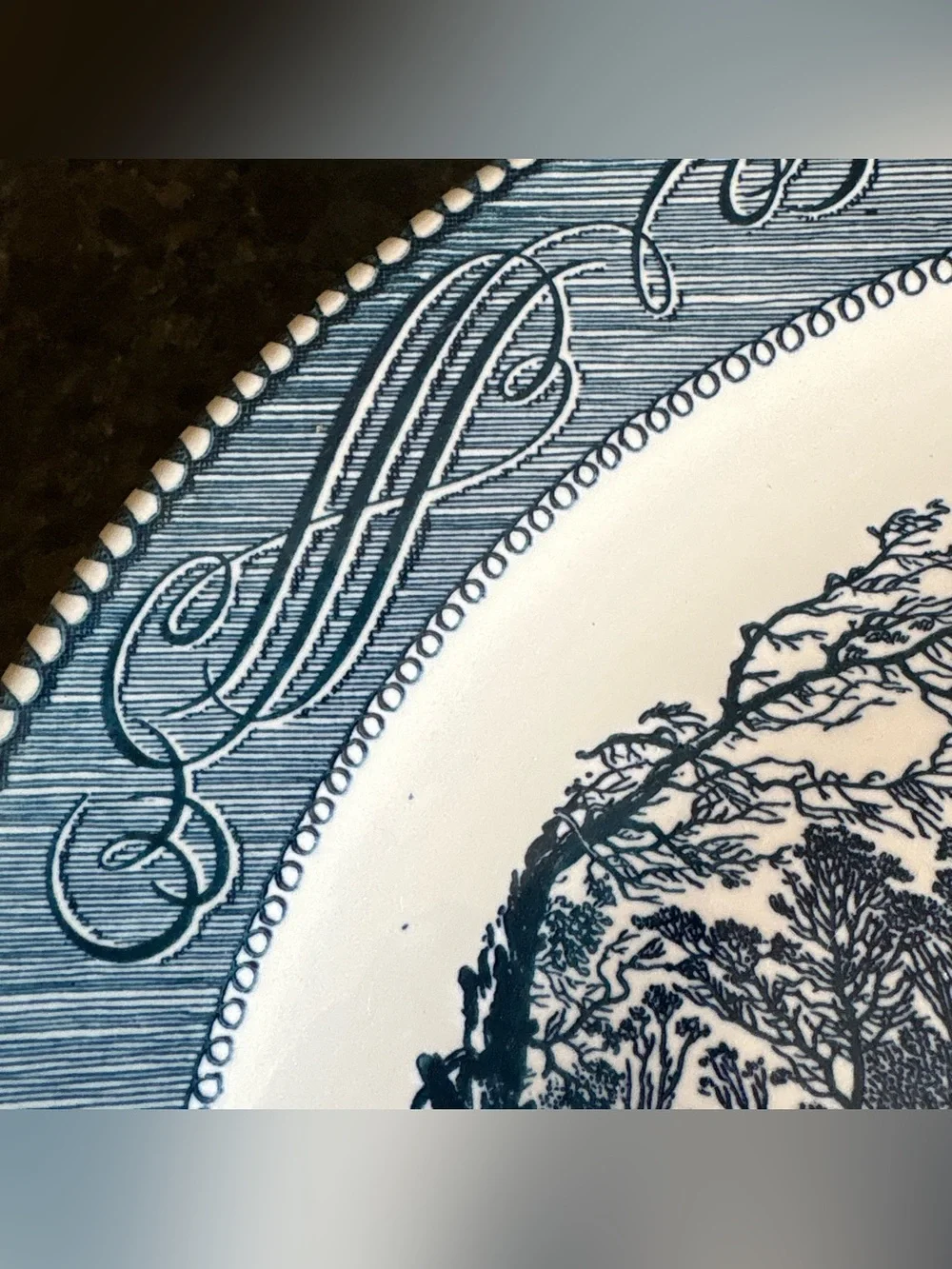 CURRIER & IVES Royal China USA 12” CHOP PLATE Blue Transferware Round Platter
